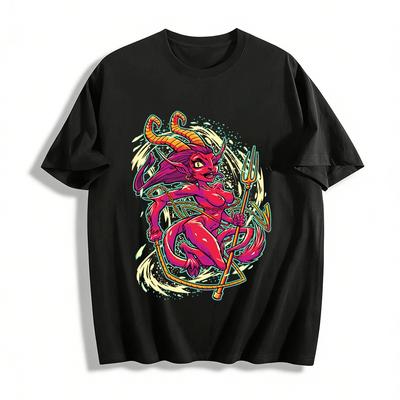 Playful Succubus Print T-shirt Cool Street Style Loose Top Pure Cotton T-shirt