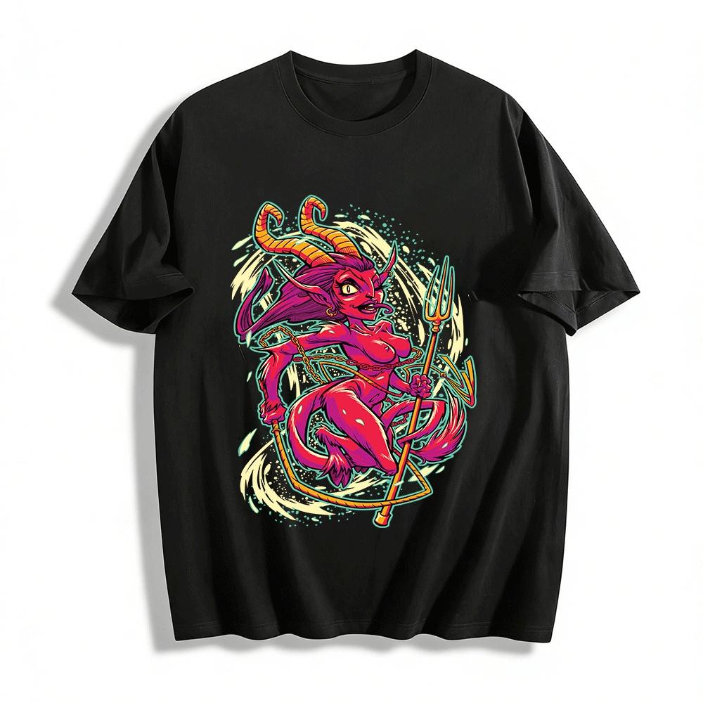 

Playful Succubus Print T-shirt Cool Street Style Loose Top Pure cotton T-shirt XXS