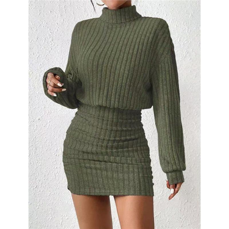 Women's Turtleneck Long Sleeve Ribbed Knit Bodycon Mini Dress Casual Sweater Dress