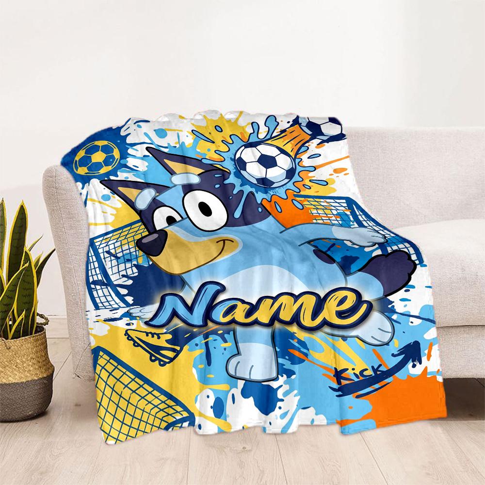 Bluey's Soccer Fun Customize Text Blanket Multi-purpose Personalized Blanket Ultra-Soft Suitable for Bedding Seaside Office Chair Chair