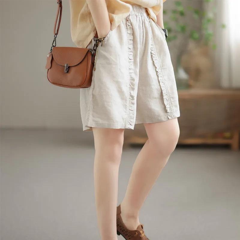 Women's Retro Pleated Cotton-Linen Harem Shorts – Casual, Loose, Elastic Waist for Spring/Summer