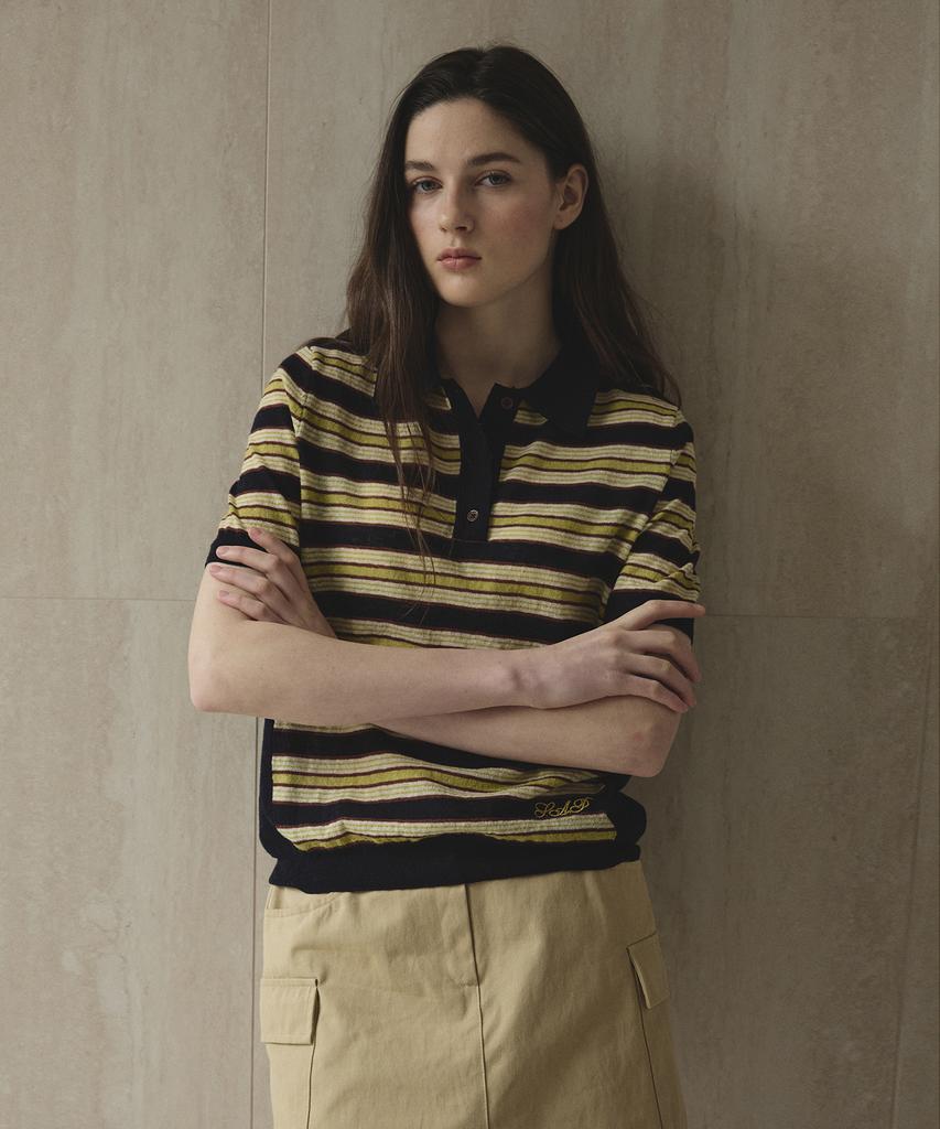 Seutyudioaenpaleukeu Striped Collar Short Sleeve Knit_Navy