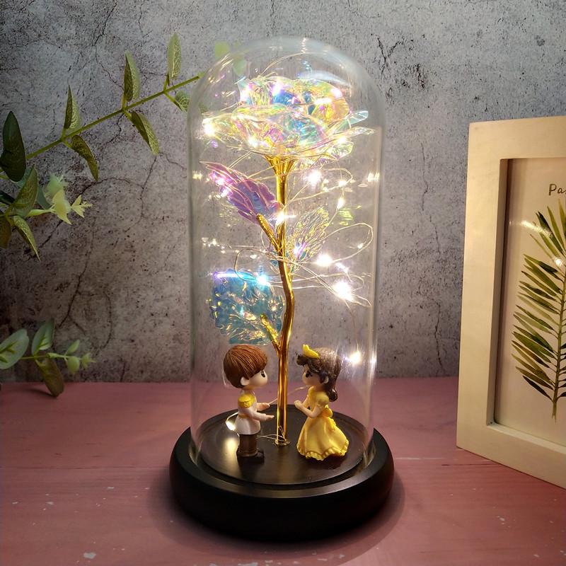 Leuchtende Goldfolien-Rose mit Konservierter Blume unter Glasabdeckung - Tanabata Valentinstagsgeschenk