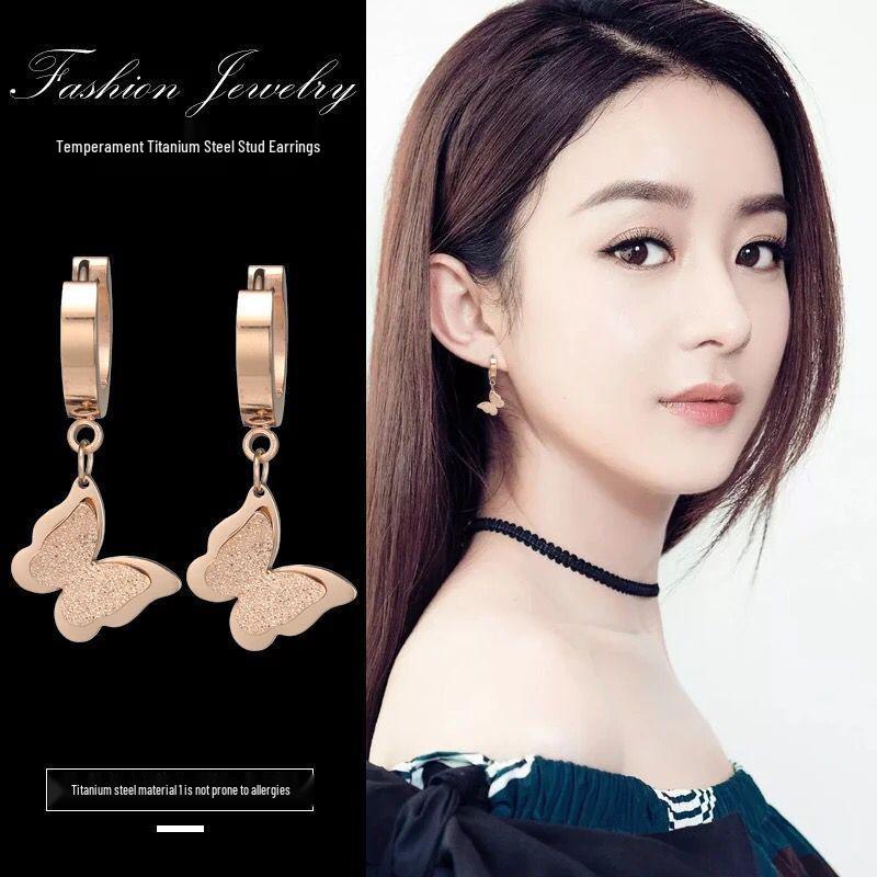 Korean Style Women s Butterfly Tassel Earrings - Titanium Steel Hoops & Studs