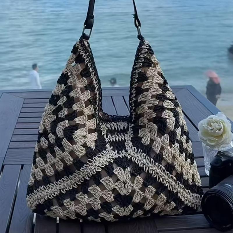 Hollow Out Woven Shoulder Bag Fashi Versatile Bohemian Beach Vacati Handbag Color-blocked Design Women's Underarm Bag