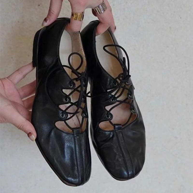 Chaussures Plates Basses de Ballet Souples pour le Trajet Quotidien Chaussures Décontractées Printemps et Automne Rétro Chaussures Mary Jane Plates à Lacets Croisés