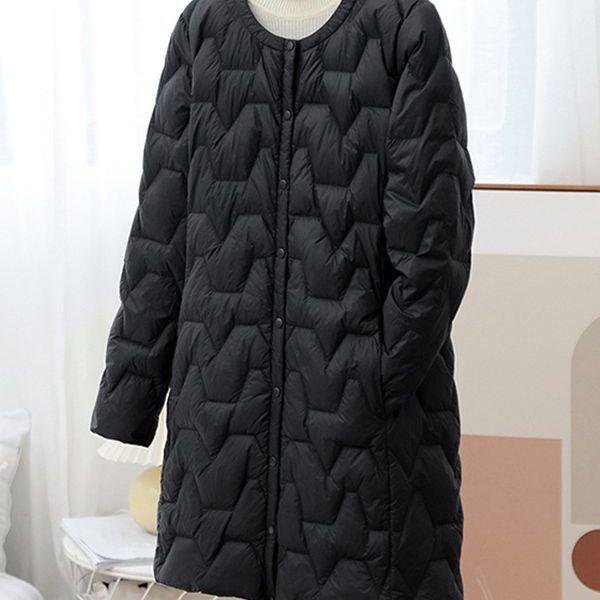 Women's Mid-Length Lightweight Down Jacket - Autumn/Winter, Round Neck, Collarless, Korean Style Trendy Outerwear