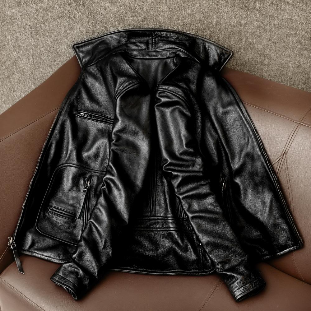 New Genuine Leather Jacket Men Slim Fit Short Biker Coat Real Cowhide Motorcycle Jacket