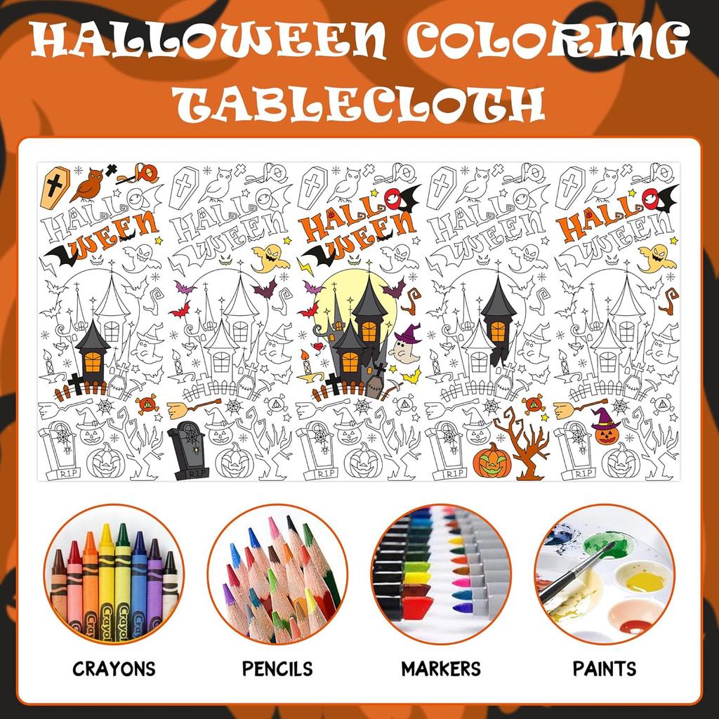 Labeol 1 Pack Halloween Tablecloth, 108"x 54" Halloween Coloring Tablecloth for Kids, Pumpkin Ghost Bat Castle Coloring Table Cover for Winter Party