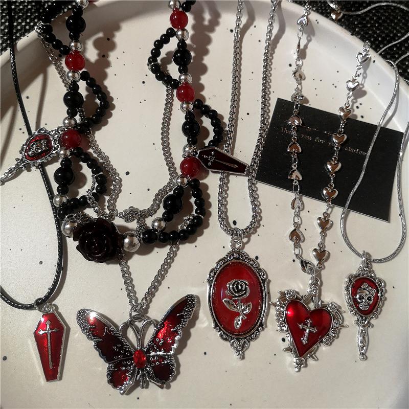 Gothic Red Cross Thorn Heart Butterfly Pendant Choker Black Bead Necklace Personalized Y2K Halloween Charms Grunge EMO Jewelry