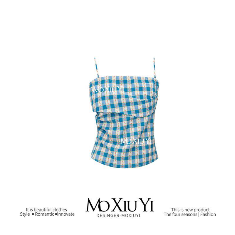 

Moxi [in Stock] Retro Blue and White Plaid Cami 2025 Summer Holiday Style Slim fit Slimming Tube Top Top Blue and White Plaid S