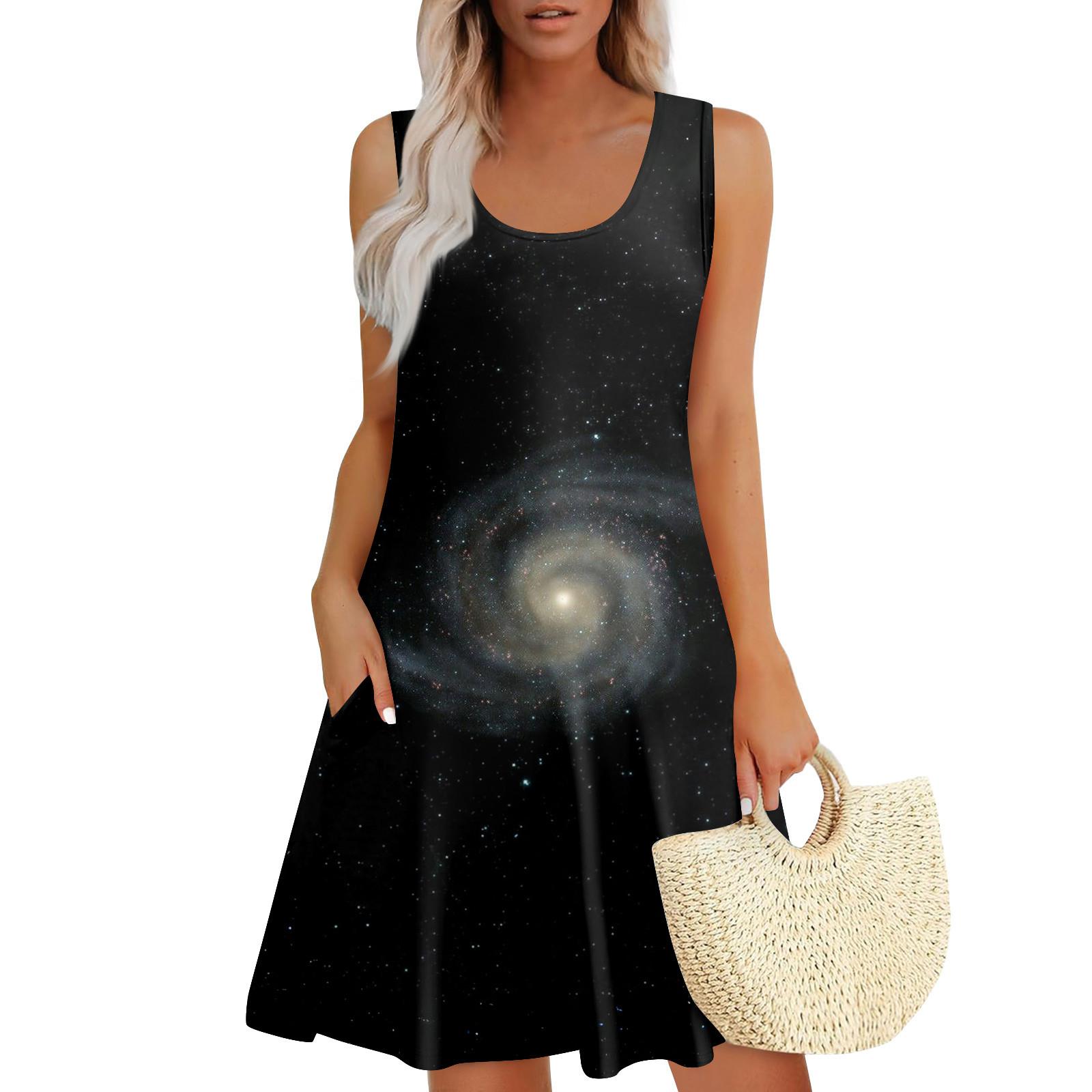 

Женские летние платья Пасхальный принт Свободные сарафаны без рукавов с U-образным вырезом Платье с карманами L чёрный