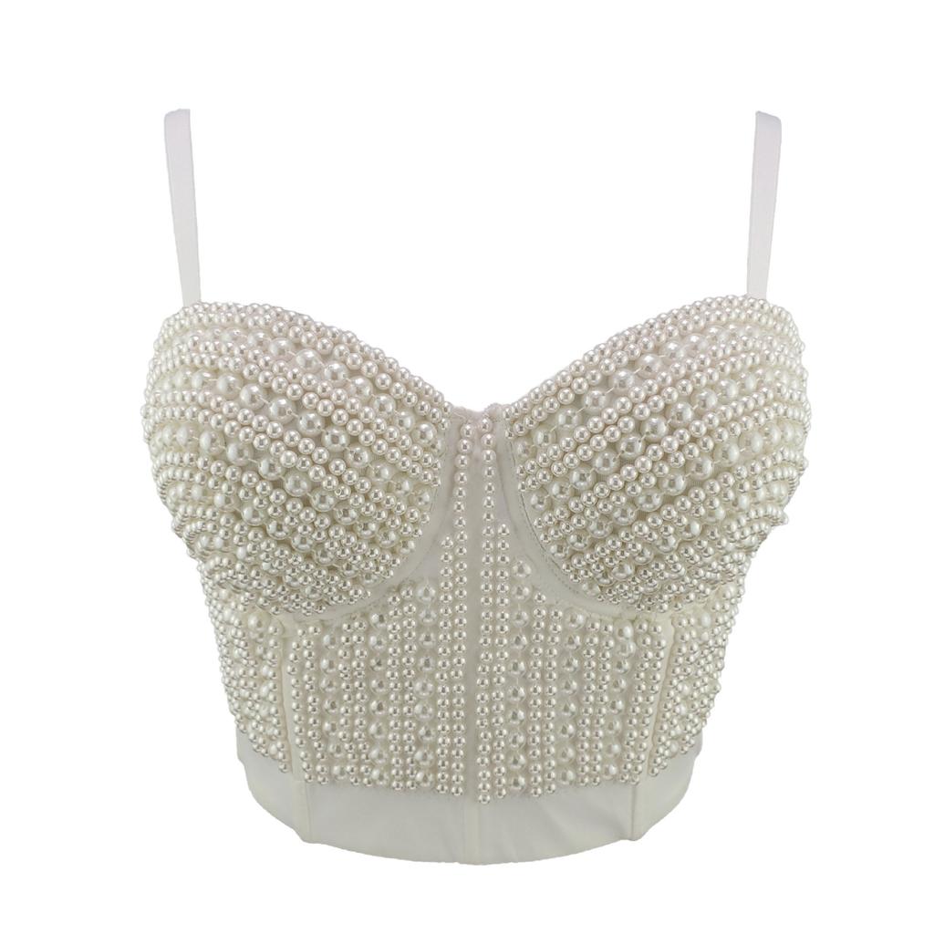 Fashionable Versatile Backless Design Halter Neckline Top with Pearl Beads and Sequins Strapless Youthful Short-sleeve Tank Top Camis & Tank Tops