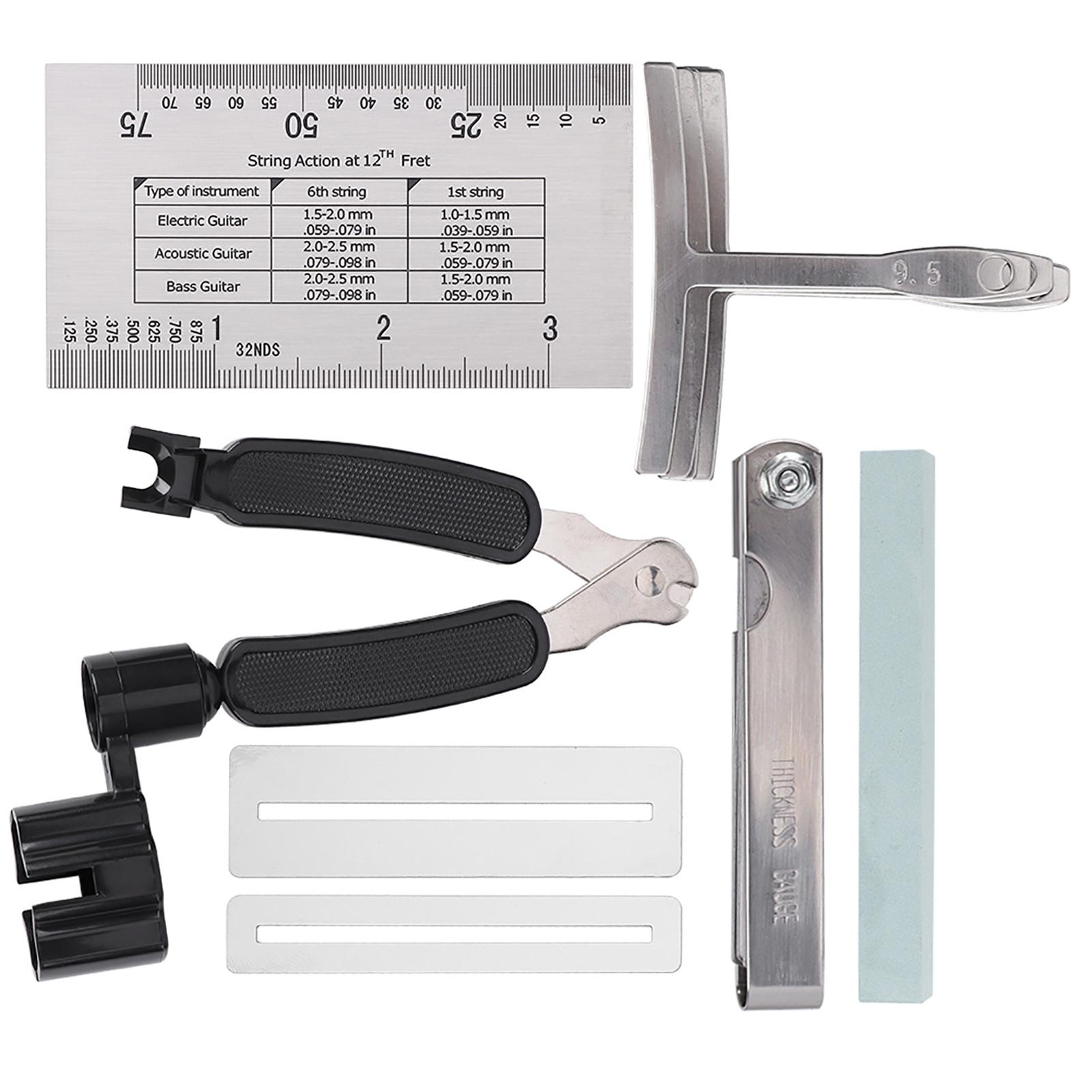 

Набор инструментов для гитары, включая шлифовальный круг, линейку для измерения радиуса струн, защиту накладки грифа