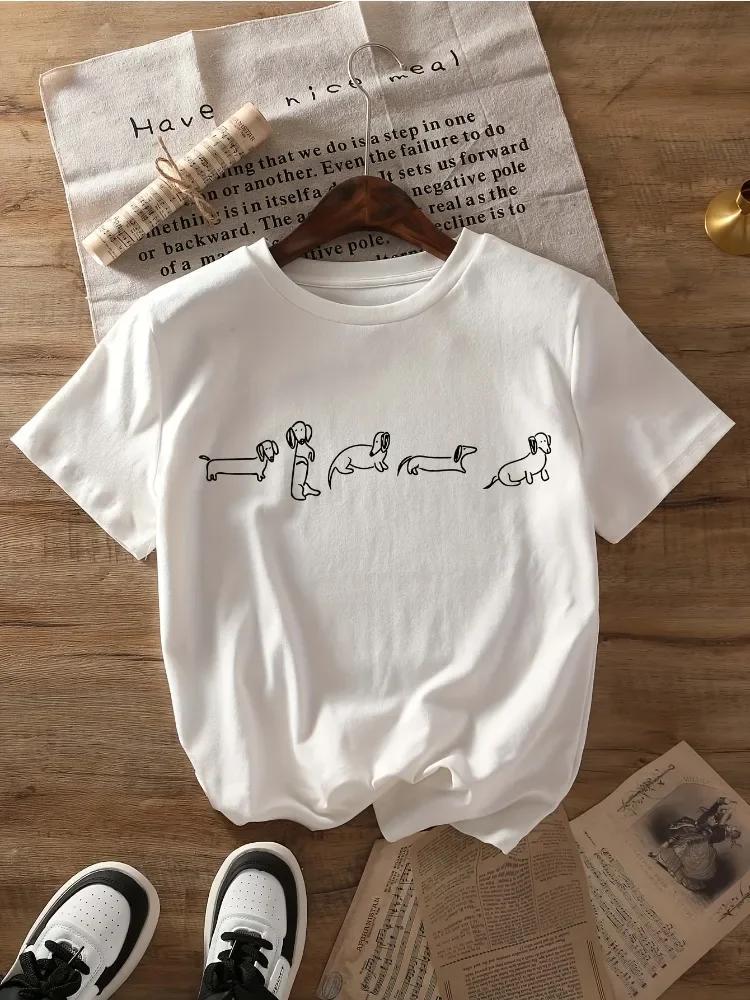 Camiseta informal de Unisexga corta con cuello redondo para mujer camiseta con estampado de bonito patrón de perro salchicha S