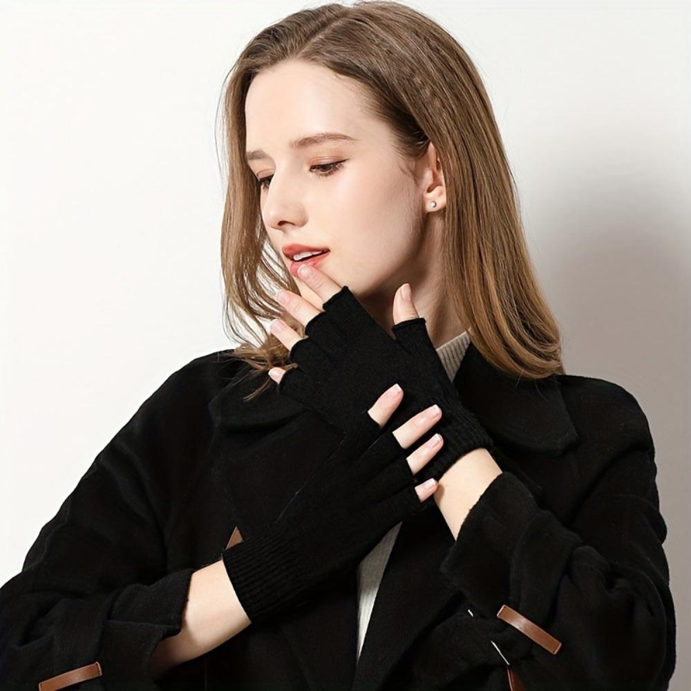 1 Pair Women's Warm And Durable Half Finger Knit Gloves For Cycling