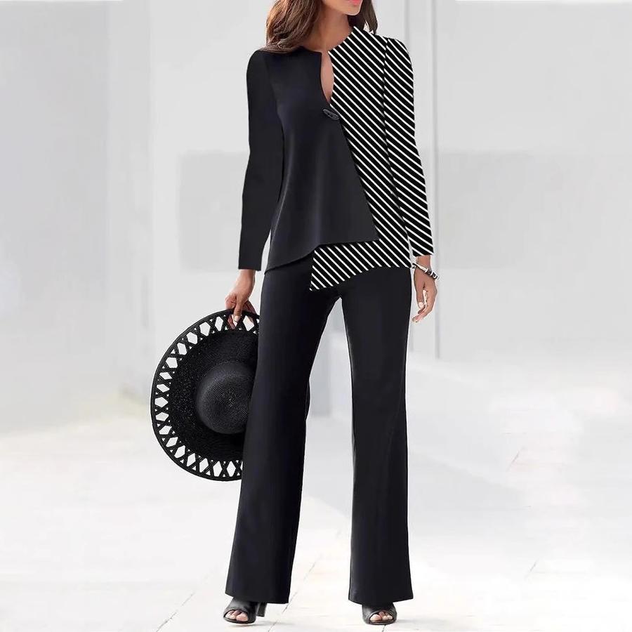 Spring Autumn Fashion Elegant Commute Color Block Long Sleeve Pants Women's Set