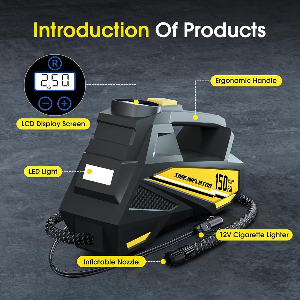 Tire Inflator Portable Air Compressor - DC 12V Air Pump for Car Tires with 150PSI LCD Digital Gauge & Emergency LED Light,Auto Tire Pump for Cars