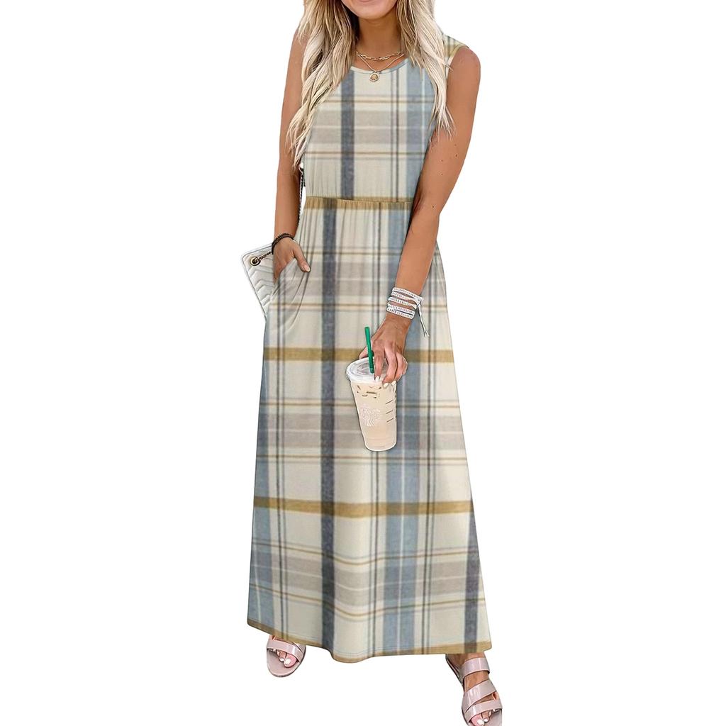 Ladies' Plaid Printed Casual and Fashionable Waist Cinched Sleeveless Dress