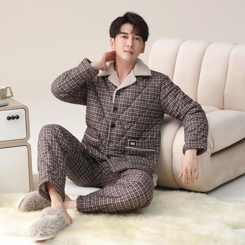 Pajamas Men'S Autumn And Winter Three-Layer Fleece Warm Coral Fleece Padded Cotton Men'S Woven Cotton Homewear Padded Jacket Set