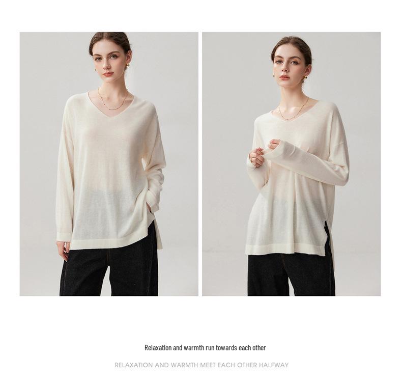 Women's V-Neck Loose Cashmere-Feel Side Slit Cardigan Sweater