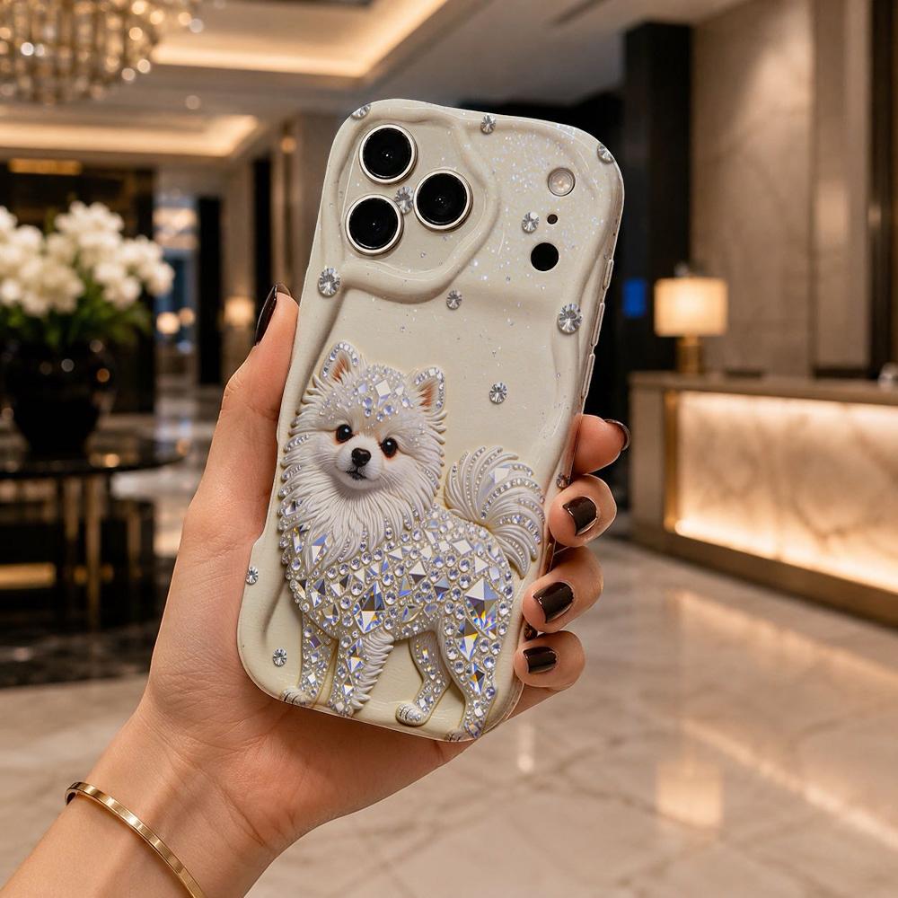 Full Rhinestone Pomeranian Wavy Edge Phone Case For iPhone 17 16 15 14 13 12 11 8 7 Plus Pro Max Bling Dog Bumper Cover