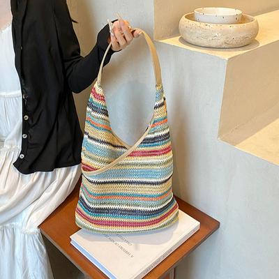 Fashion Summer Straw Beach Basket Bags Women New Color Blocking Shoulder Bag Large Capacity Elegant Lady Woven Hand-made Handbag
