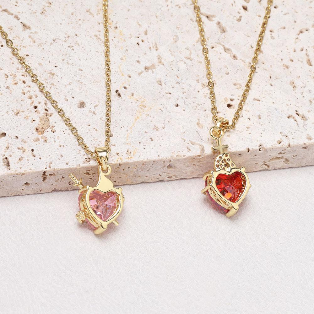 Luxury Pink Zircon Heart Necklace For Women Gothic Sword Go Through Love Choker Elegant Crystal Flower Necklaces Y2k Jewelry