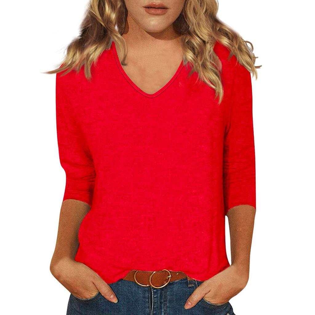Damen T-Shirt Mode Lässig Alltag Vielseitig V-Ausschnitt 3/4-Ärmel Oberteile Unifarben Bedrucktes T-Shirt Top