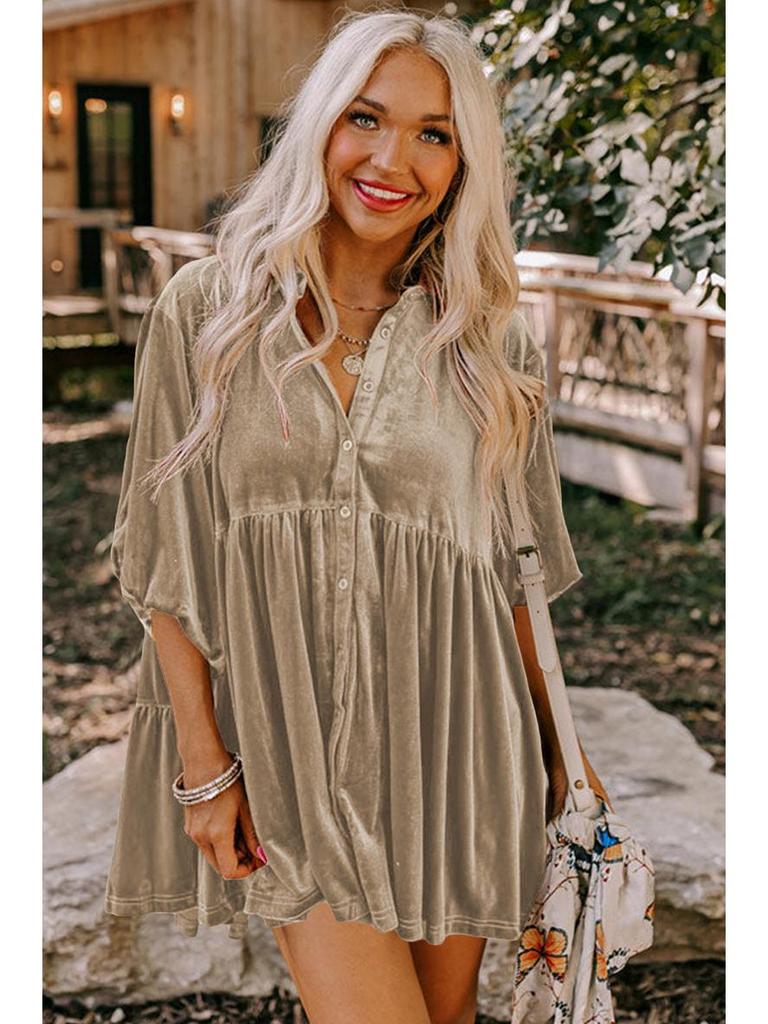 2025 Autumn Women's Solid Velvet Single-Breasted Pleated Long Sleeve Shirt - European and American Style
