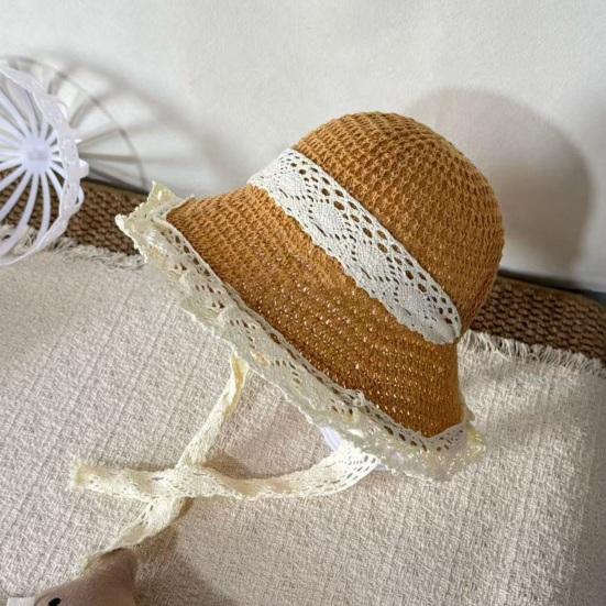 Women Beach Hat Large Eaves UV Blocking Foldable Portable Handmade Straw Hollow Sun Protection Hat with Lace Ties