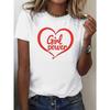 European Size Women's White Pure Short Sleeve T-Shirt - Power Slogan & Pink Heart Graphic Print with Female Icon - Lightweight Casual Summer