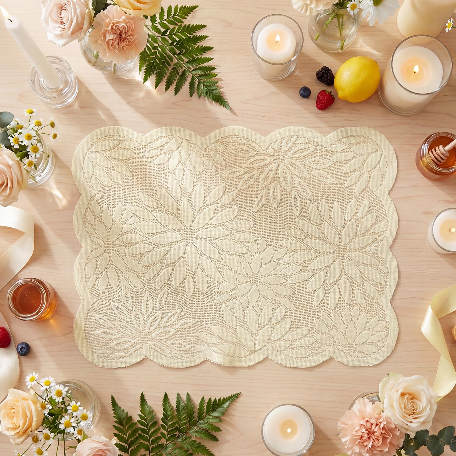 

Pink Dahlia Lace Placemats Set of 4, 12x18 Inch Table Mats for Wedding Anniversary Party Dining Table Decoration 12 x 18 , Rectangular 4 Pcs