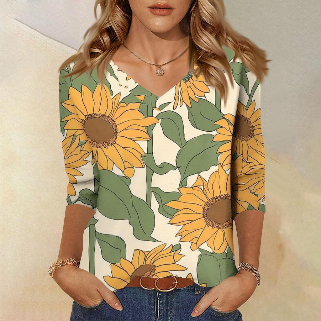 Women's Fashionable Casual V-Neck Three-Quarter Sleeve Printed T-Shirt Top