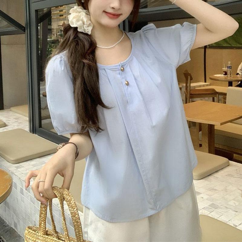 Sweet French Summer Design New Puff Short-sleeved Solid Color Loose Shirt Top