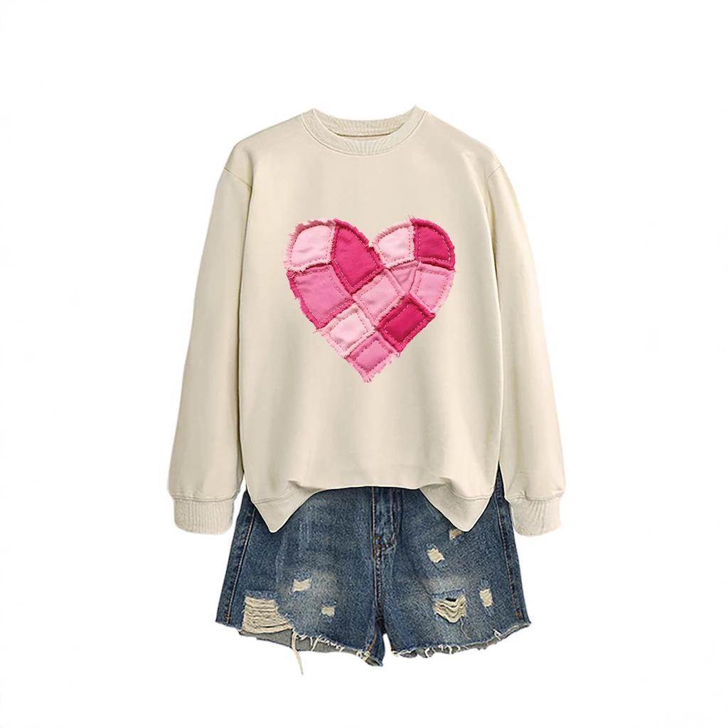 Pink Heart Flocking Women's Casual Round Neck Long Sleeve Hoodie