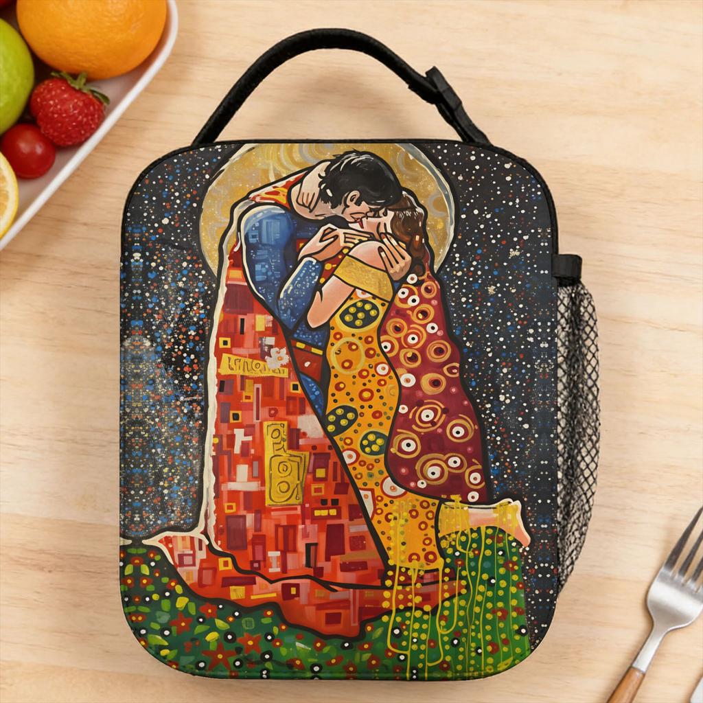 Famous Oil Painting Kiss By Gustav Klimt Print Lunch Bag Casual Office Lunch Box Graphic Design Portable Tote Food Bags