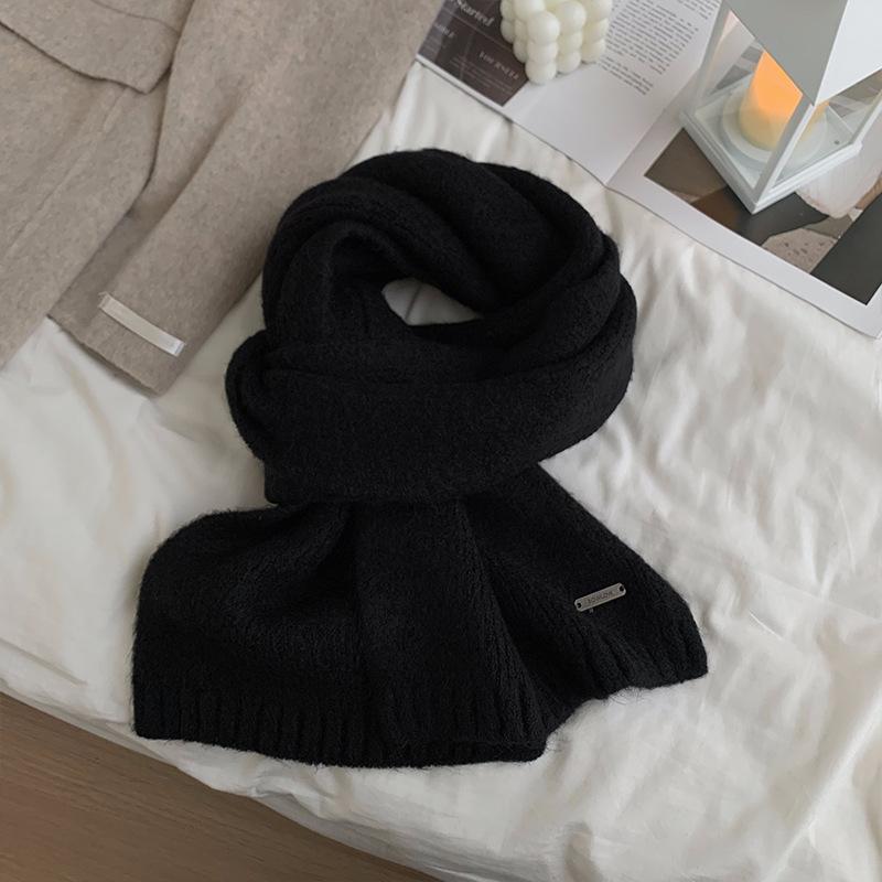 Korean Version Containing Wool Knitted Wool Solid Color Scarf for Women in Winter Thickened and Warm Versatile High End Cold Proof Scarf Trendy