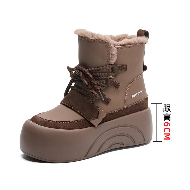 

2025 new autumn and winter leather women s shoes platform inner height increase snow boots women s versatile velvet warm boots women 40