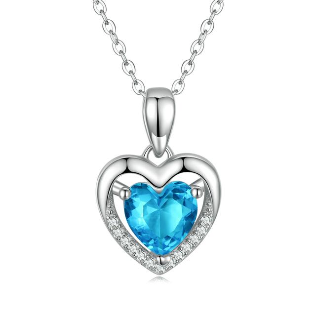 925 Sterling Silver Love Heart Pendant Necklace ,Blue Clear Crystal Necklaces For Women Silver Fine Jewelry Gift