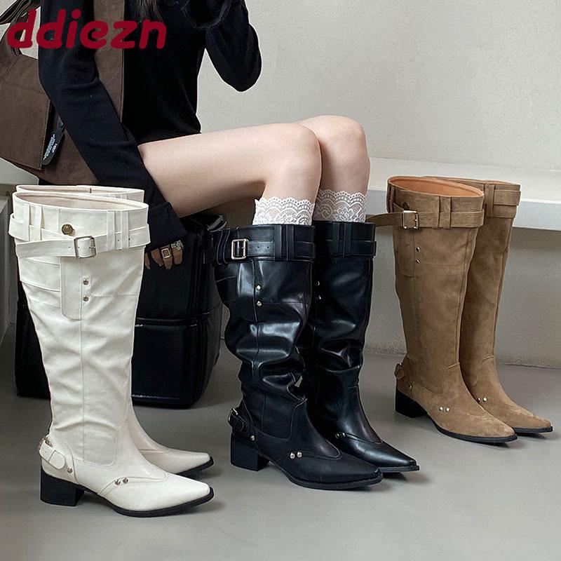 Móda Módní Špičaté Dámské Kozačky po Koleno Moderní Boty Obuv Dámská Čtvercové Podpatky Obuv Dámské Dlouhé Kozačky Boty Lodičky