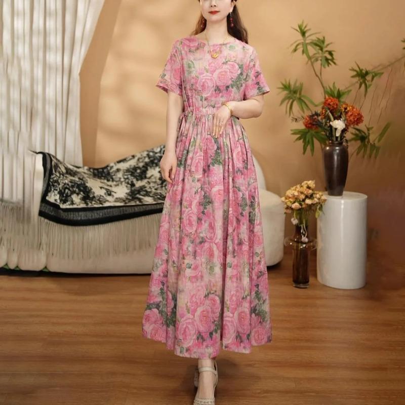 Women's Floral Print Maxi Round Neck Short Sleeve High Waist Pleated Linen Blend Casual Dress