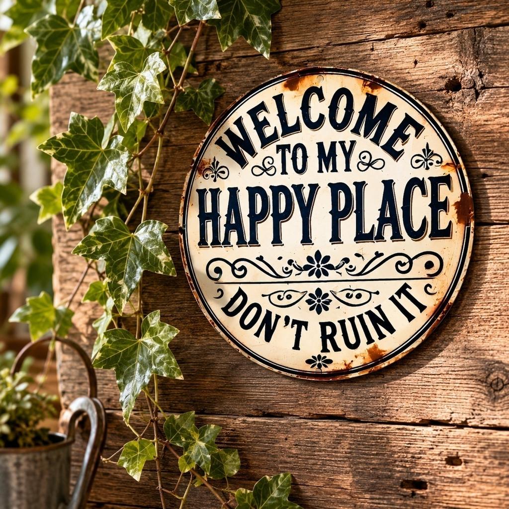 Metal Garden Sign Welcome To My Happy Place Decorative Outdoor Wall Plaque for Patio Yard Porch Indoor Outdoor Use Durable Material