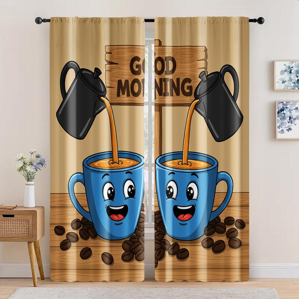 

Spring Summer Curtains Cartoon Coffee Cup Semi Polyester Woven Decorations Inside Bedroom Living Room Light Filtering Set Of 2 Made Great Decor W100*H70(CM)-Rod Pocket&2PCS