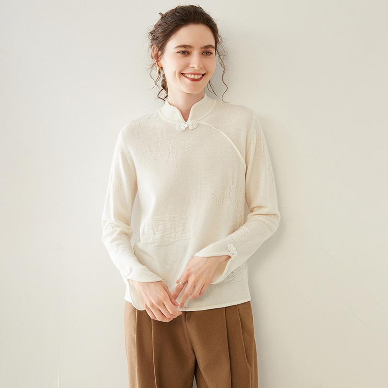 

Свитер из кашемира с воротником-половиной стойкой, осенне-зимний новый стиль, женский приталенный, в китайском стиле, сливовый, бамбуковый, однотонный, пуловер XL