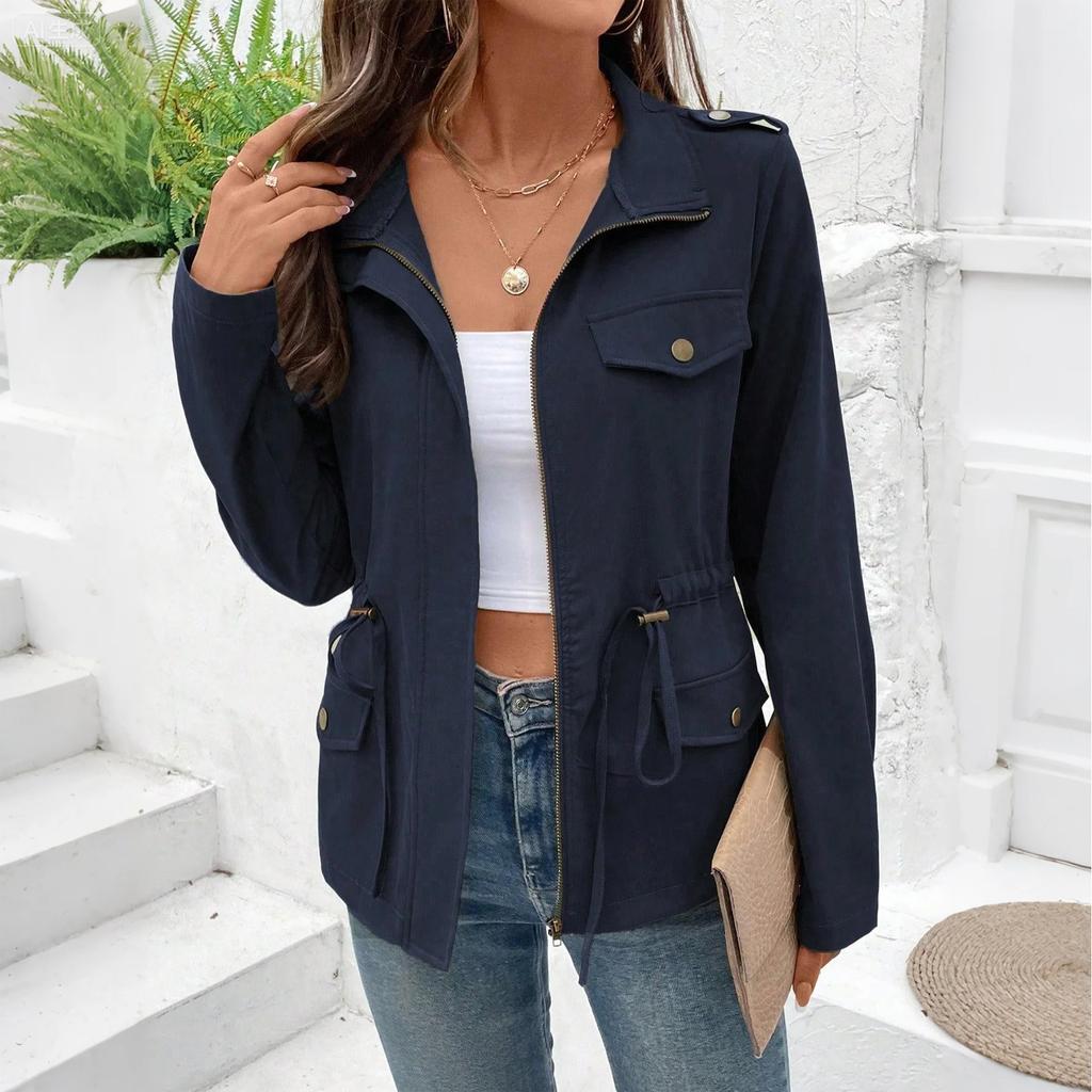 Women's Solid-Color Fashionable Casual Drawstring Waist Long-Sleeve Jacket For Fall/Winter
