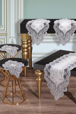 Midye Velvet Runner Set 5 Pieces For Living Room, French Lace, Wedding, Home Accessories, Cream