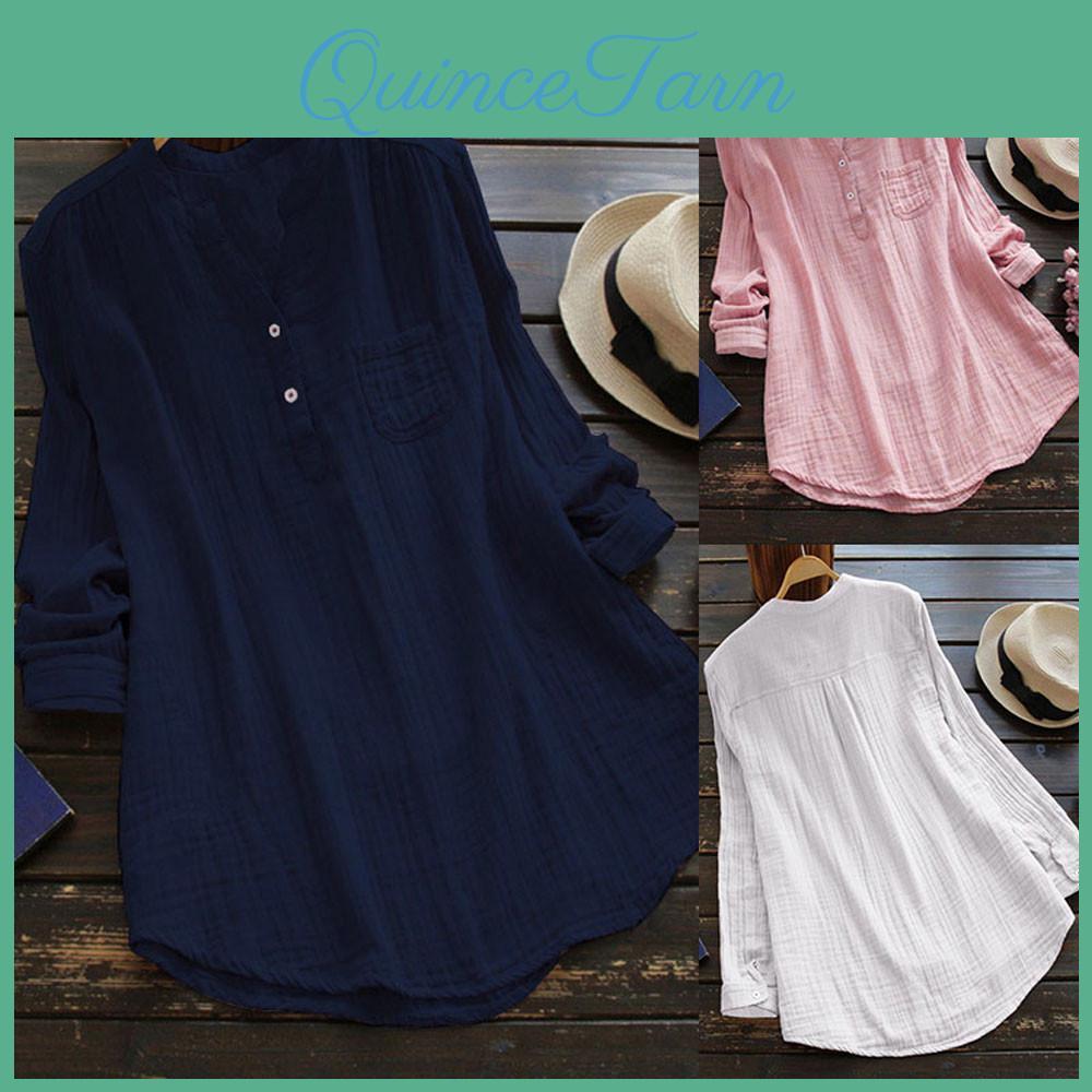 Ramidos Long Collar Women Stand Sleeve Casual Loose Tunic Tops T Shirt Blouse