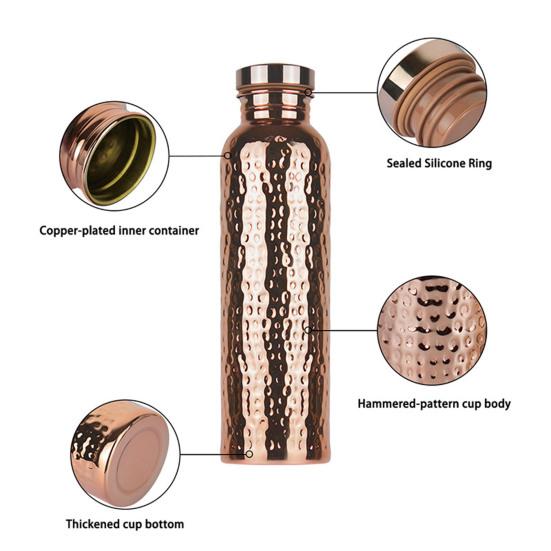 800ML Copper Sports Water Bottle Hammer Pattern Large Capacity Leakproof Portable Outdoor Cycling Gym Fitness Travel Electroplating Drinking Cup