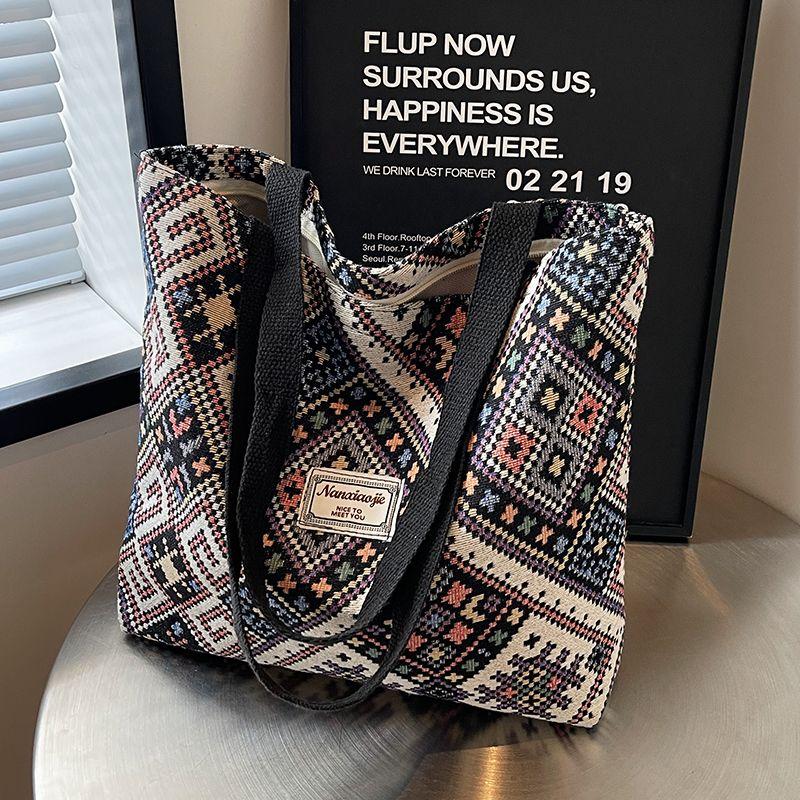 

Ethnic Style Bags Large Capacity Work Clothing Tote Bag 2025 Canvas Bag Shoulder Tote Bag College Student Handbag Black large((Zipper closed))